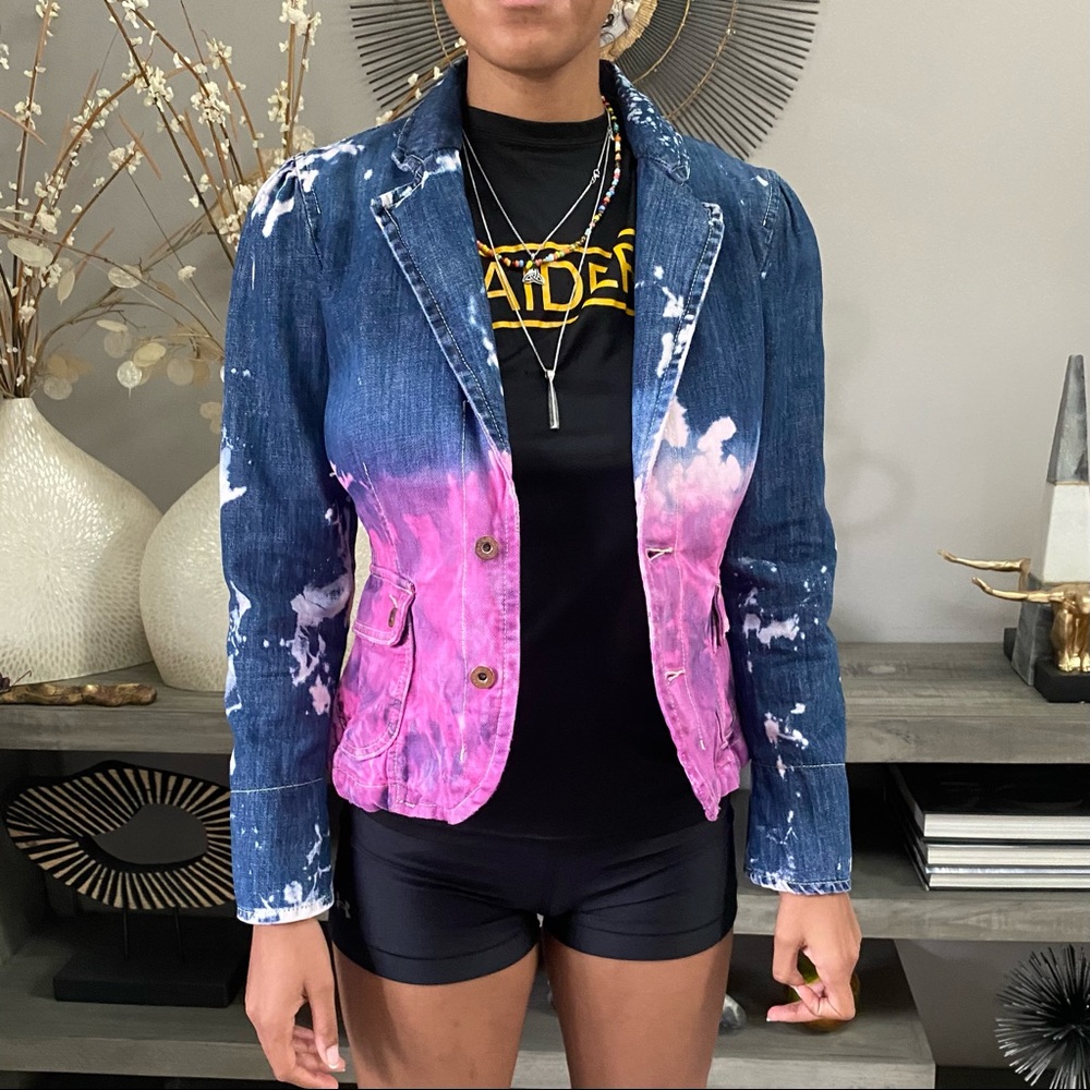 TOMMY HILFIGER Dip-Dyed Bleached Denim Blazer Jacket Size 4